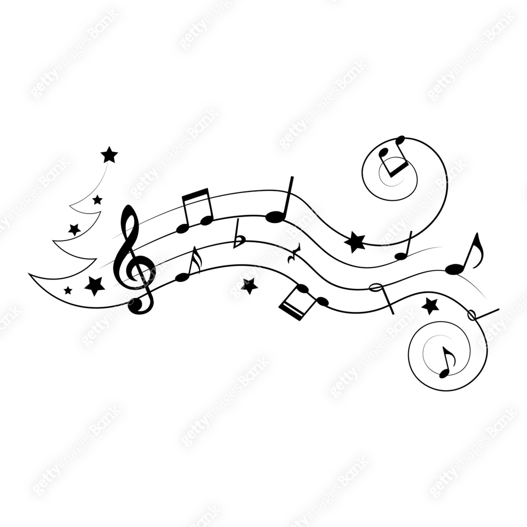 Festive music notes with Christmas tree silhouette and stars, vector ...