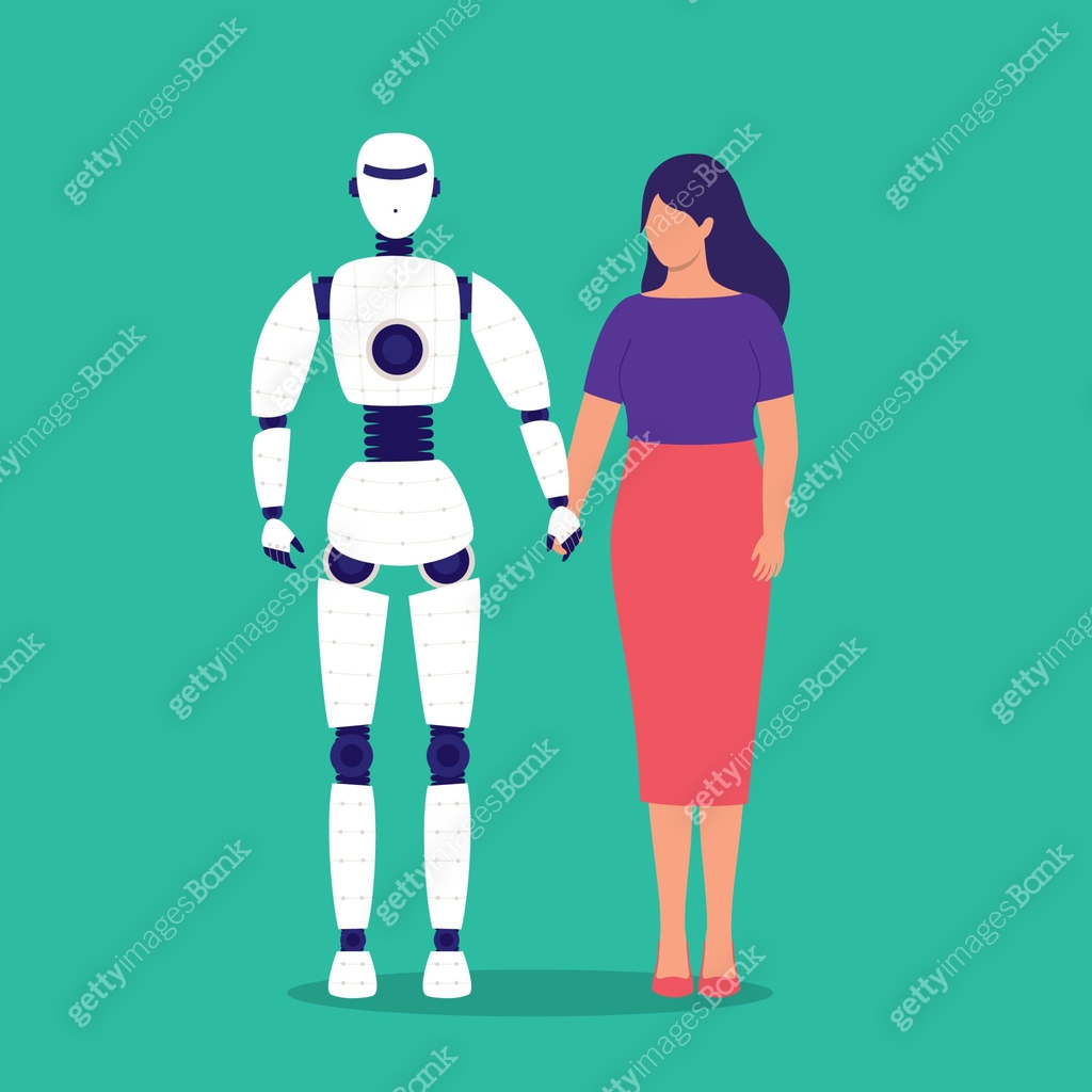Woman Holding Hands With Her AI Robot Boyfriend. Droid. Android. Robo ...