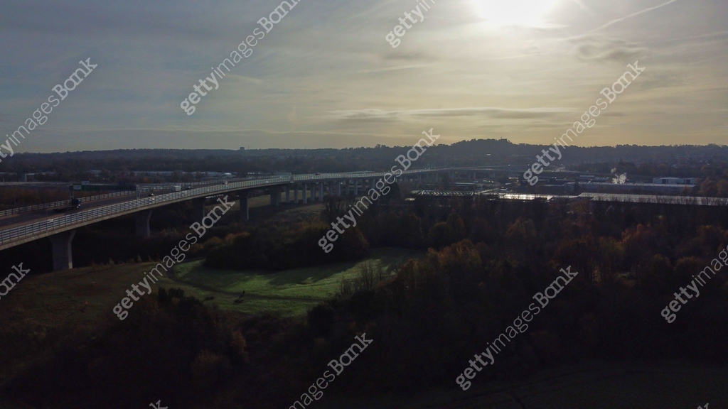 Aerial view of Runcorn Central Expressway road leading onto Mersey ...