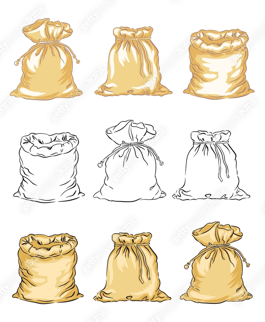 Hand drawn set of various styles of drawstring bags sacks in simple ...