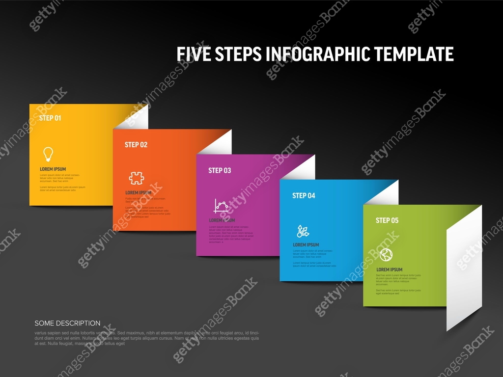 Dark Five steps process description on folded paper infographic ...