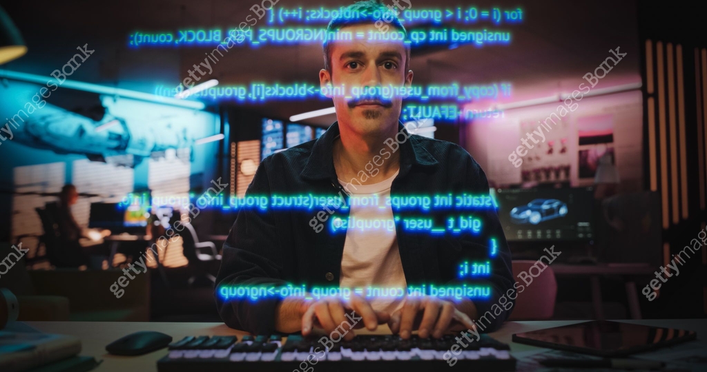 Portrait of Male Coder Working on Holographic Screen that Shows Coding ...