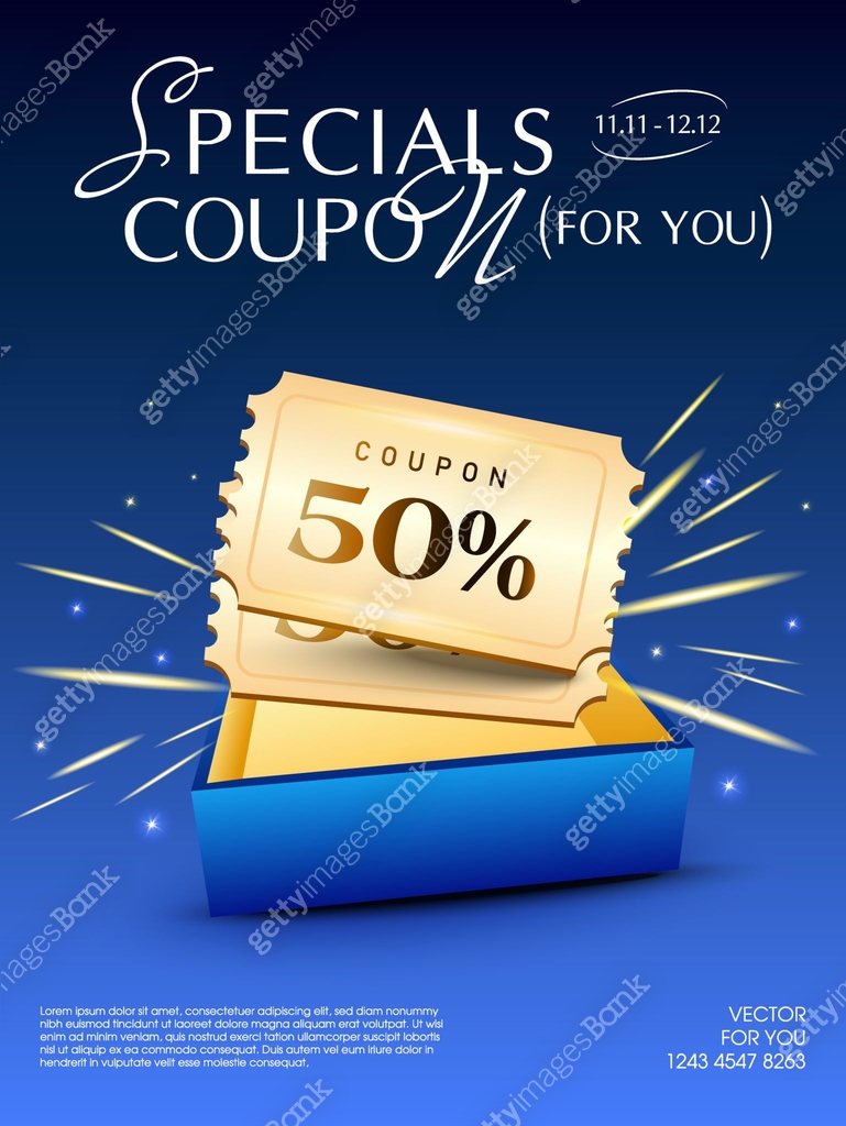 Couple of 3d golden coupons inside a premium opened gift box, isolated ...